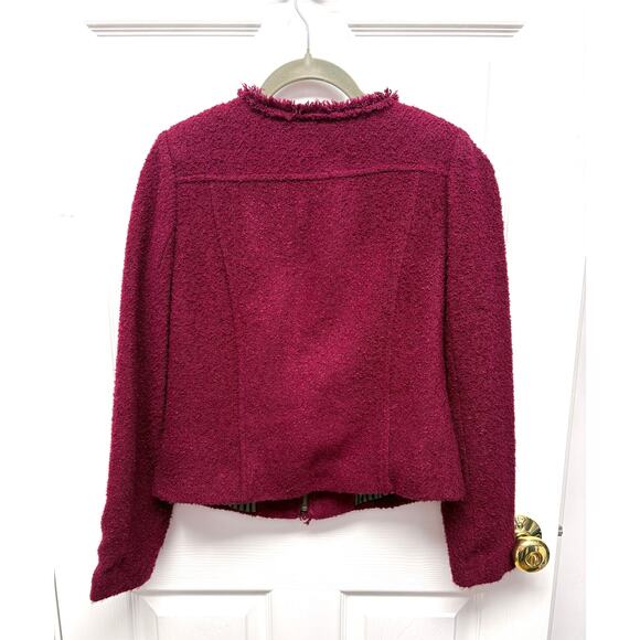 Cabi Cropped Bouclé Blazer, Burgundy Jacket, Fringe Trim, Women's Size 4 - Picture 4 of 7